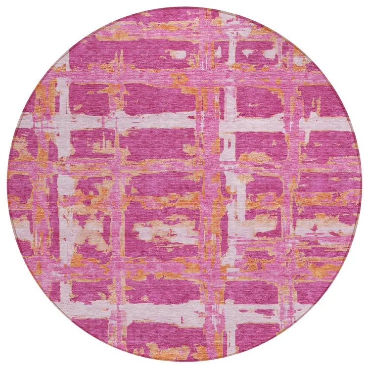 8' Blush Pink And Orange Round Striped Washable Indoor Outdoor Area Rug