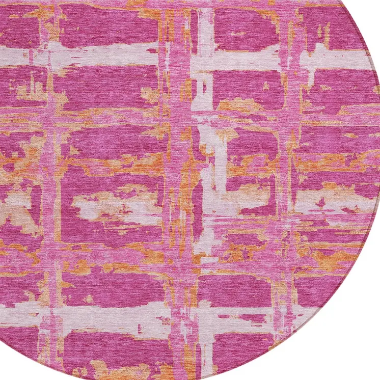 8' Blush Pink And Orange Round Striped Washable Indoor Outdoor Area Rug