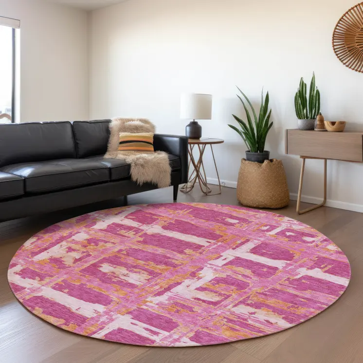 8' Blush Pink And Orange Round Striped Washable Indoor Outdoor Area Rug