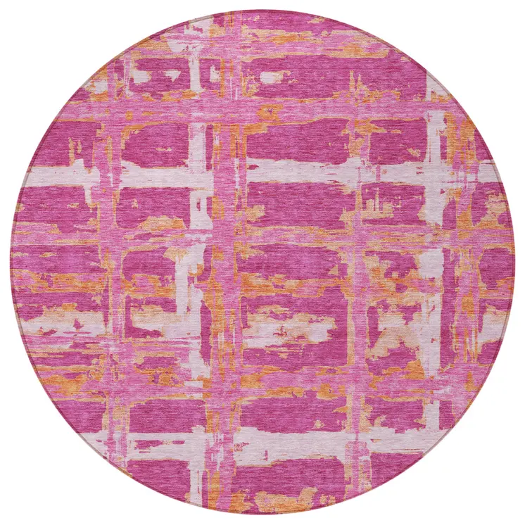 8' Blush Pink And Orange Round Striped Washable Indoor Outdoor Area Rug