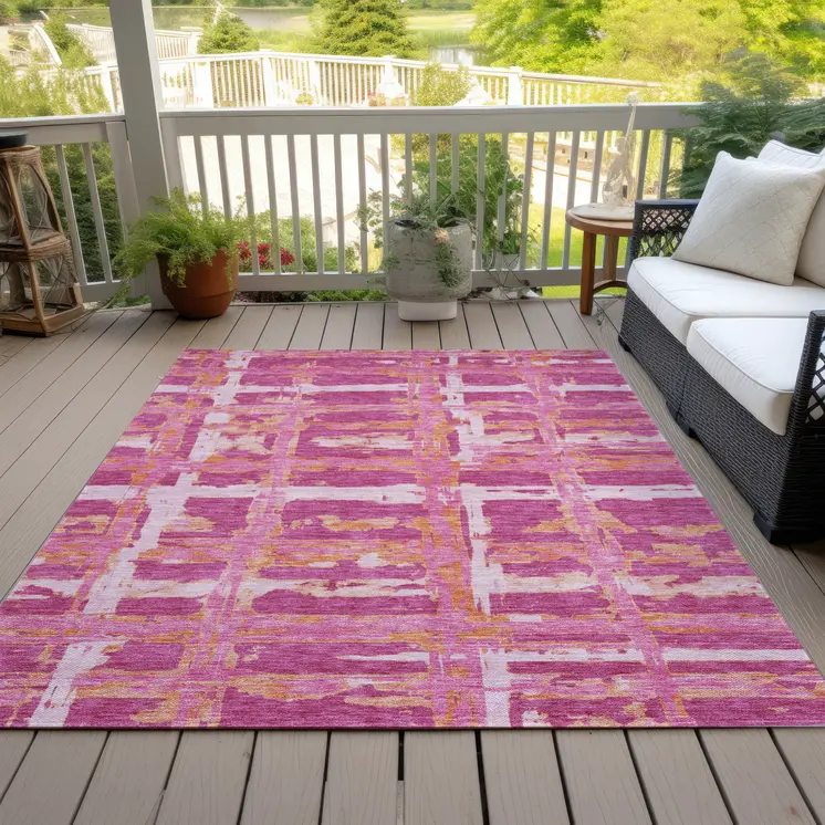 8' X 10' Blush Pink And Orange Striped Washable Indoor Outdoor Area Rug
