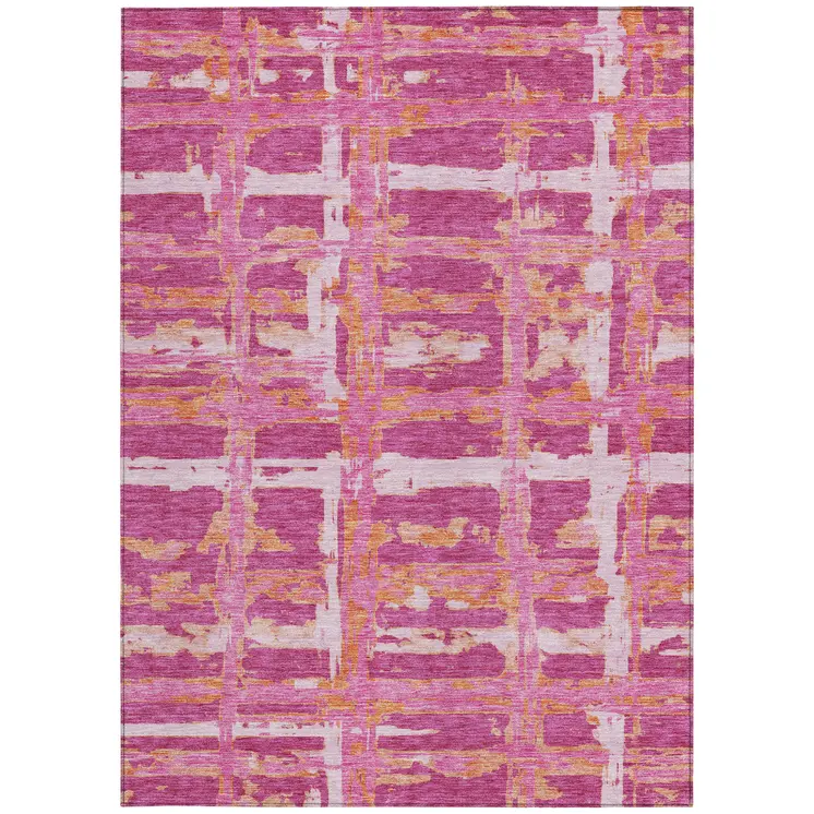 8' X 10' Blush Pink And Orange Striped Washable Indoor Outdoor Area Rug