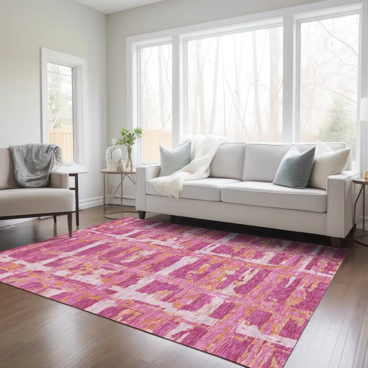 8' X 10' Blush Pink And Orange Striped Washable Indoor Outdoor Area Rug
