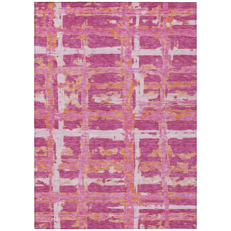 9' X 12' Blush Pink And Orange Striped Washable Indoor Outdoor Area Rug