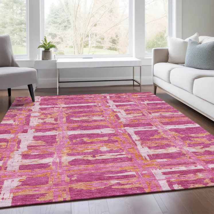 9' X 12' Blush Pink And Orange Striped Washable Indoor Outdoor Area Rug