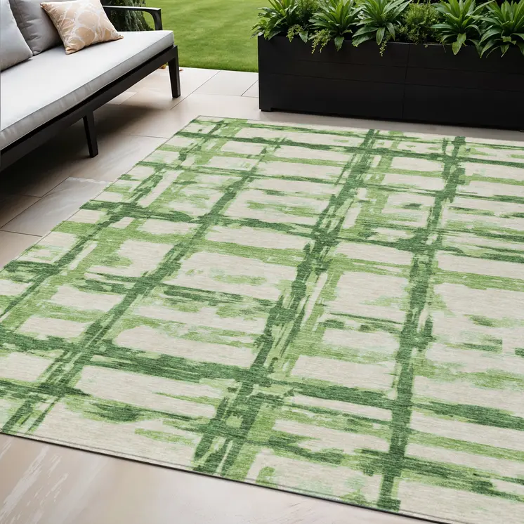 5' X 8' Artichoke Green And Emerald Striped Washable Indoor Outdoor Area Rug