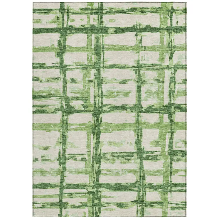 9' X 12' Artichoke Green And Emerald Striped Washable Indoor Outdoor Area Rug