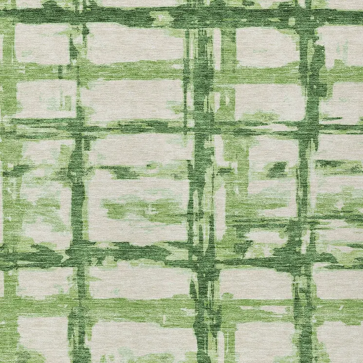 9' X 12' Artichoke Green And Emerald Striped Washable Indoor Outdoor Area Rug