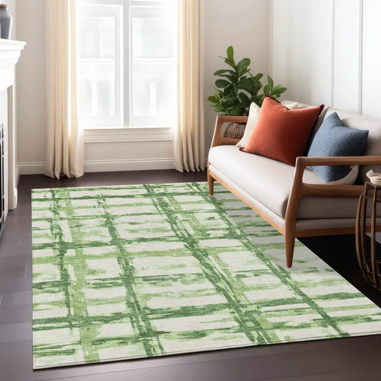 10' X 14' Artichoke Green And Emerald Striped Washable Indoor Outdoor Area Rug