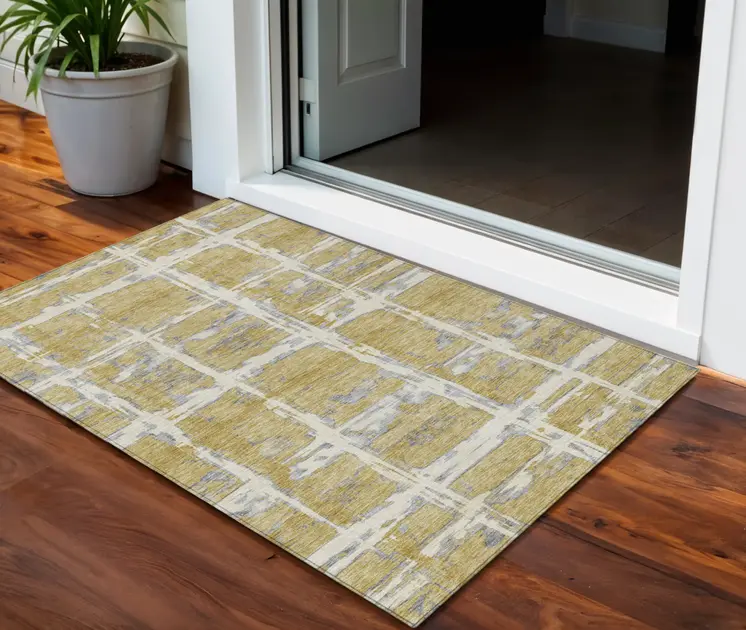 3' X 5' Gold Beige And Gray Striped Washable Indoor Outdoor Area Rug