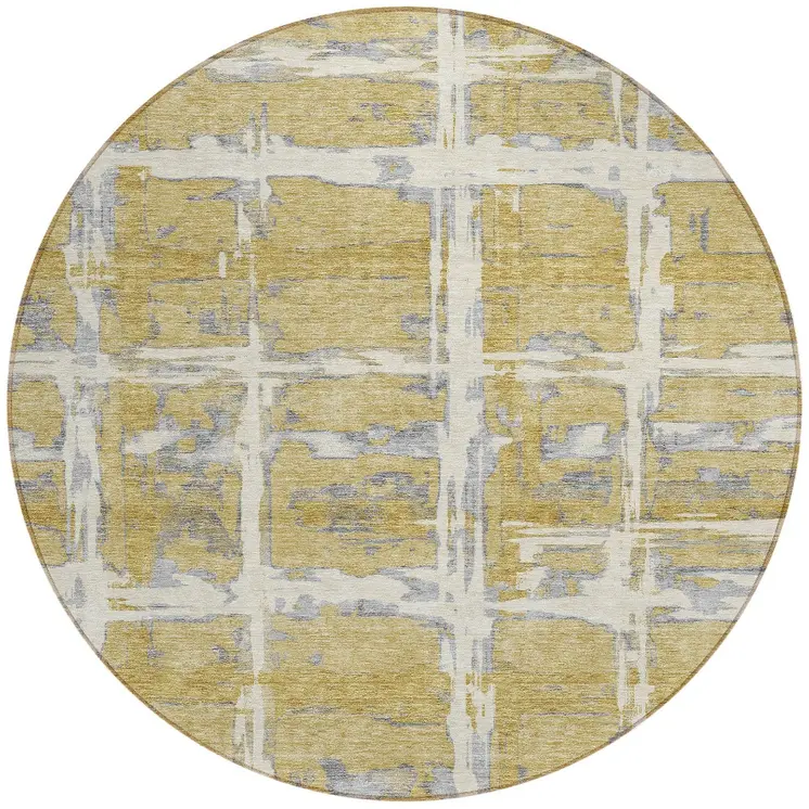 8' Gold Beige And Gray Round Striped Washable Indoor Outdoor Area Rug