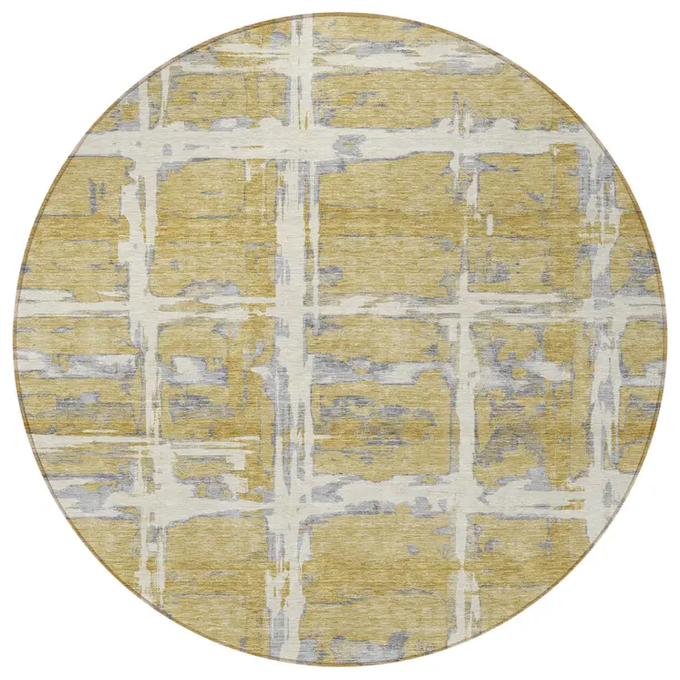 8' Gold Beige And Gray Round Striped Washable Indoor Outdoor Area Rug