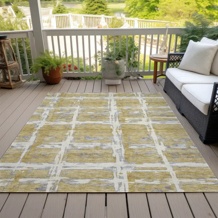 10' X 14' Gold Beige And Gray Striped Washable Indoor Outdoor Area Rug