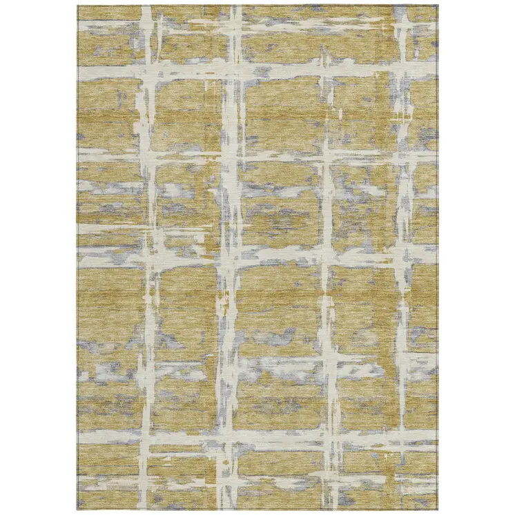 10' X 14' Gold Beige And Gray Striped Washable Indoor Outdoor Area Rug