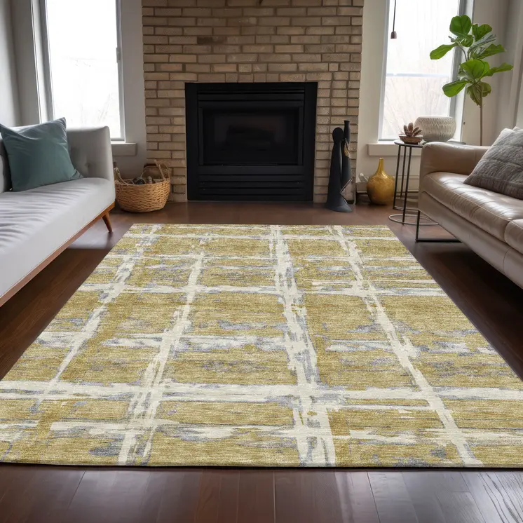 10' X 14' Gold Beige And Gray Striped Washable Indoor Outdoor Area Rug