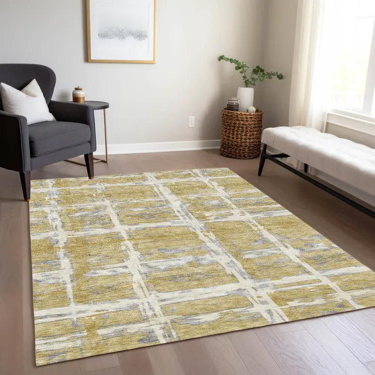 10' X 14' Gold Beige And Gray Striped Washable Indoor Outdoor Area Rug