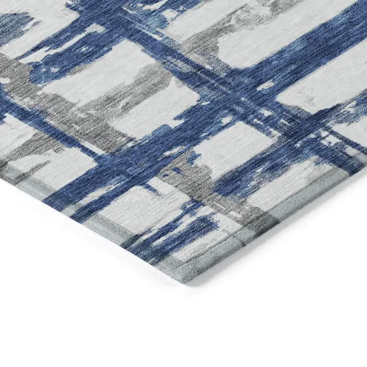 5' X 8' Navy Blue Gray And Silver Striped Washable Indoor Outdoor Area Rug