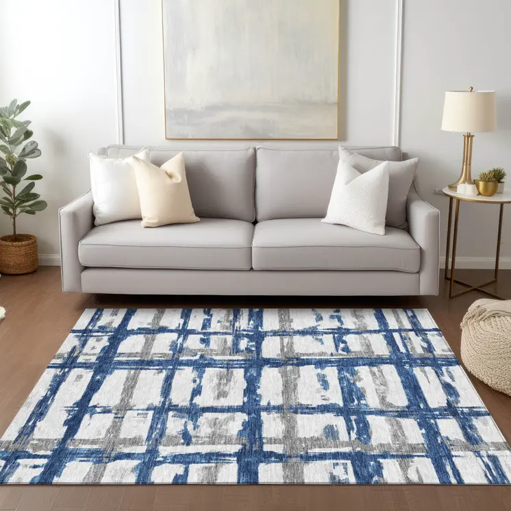 5' X 8' Navy Blue Gray And Silver Striped Washable Indoor Outdoor Area Rug