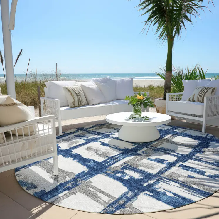 8' Navy Blue Gray And Silver Round Striped Washable Indoor Outdoor Area Rug
