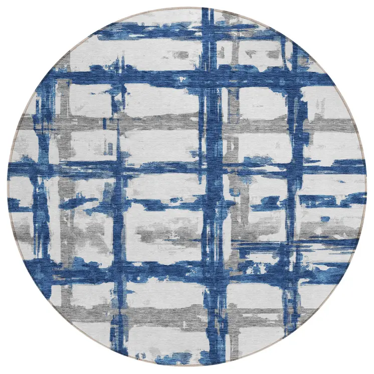 8' Navy Blue Gray And Silver Round Striped Washable Indoor Outdoor Area Rug