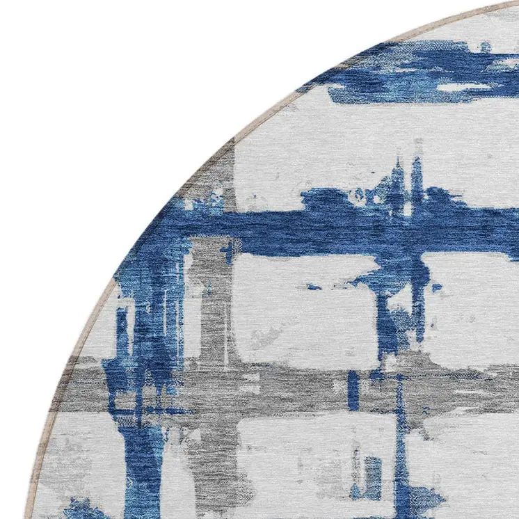 8' Navy Blue Gray And Silver Round Striped Washable Indoor Outdoor Area Rug