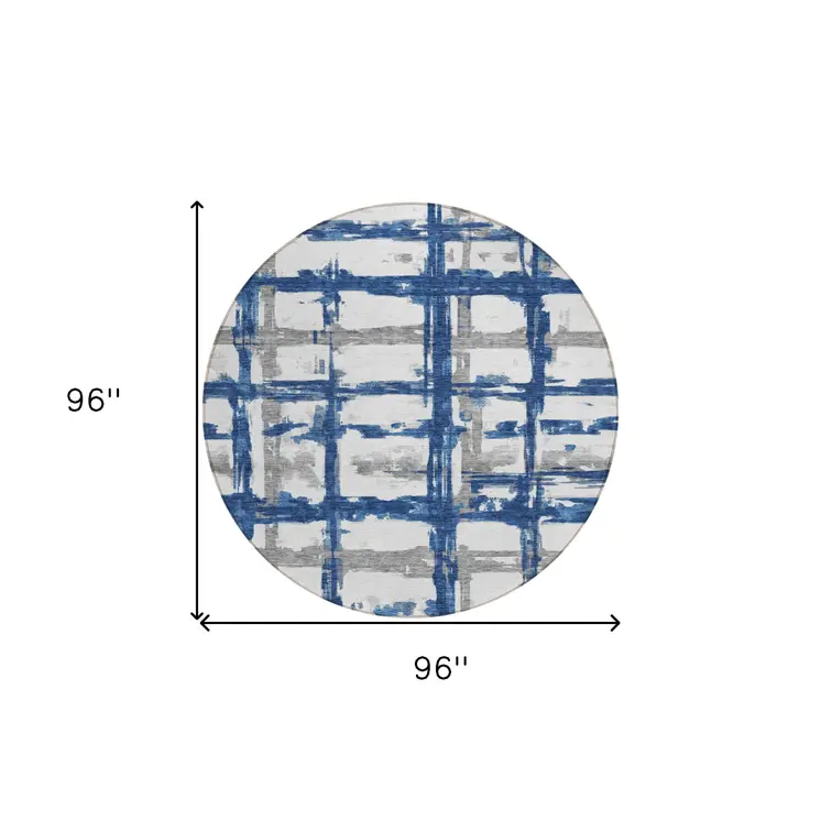 8' Navy Blue Gray And Silver Round Striped Washable Indoor Outdoor Area Rug