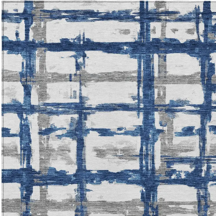 8' X 10' Navy Blue Gray And Silver Striped Washable Indoor Outdoor Area Rug