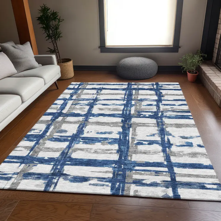 8' X 10' Navy Blue Gray And Silver Striped Washable Indoor Outdoor Area Rug