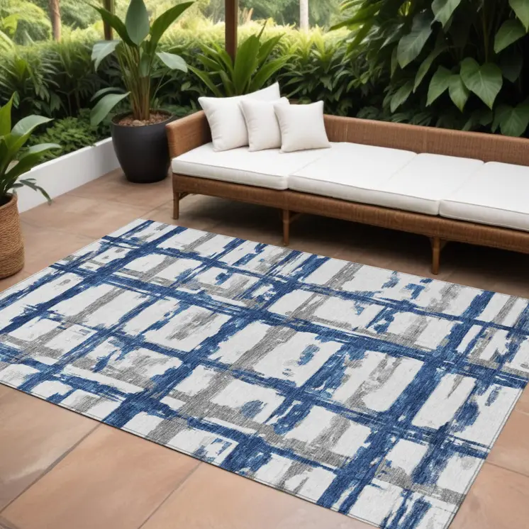 10' X 14' Navy Blue Gray And Silver Striped Washable Indoor Outdoor Area Rug