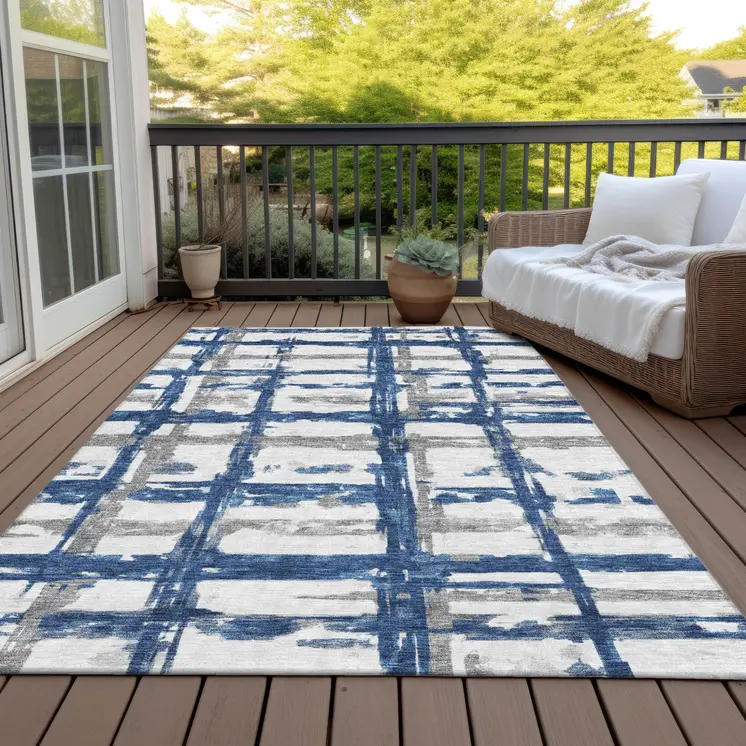 10' X 14' Navy Blue Gray And Silver Striped Washable Indoor Outdoor Area Rug