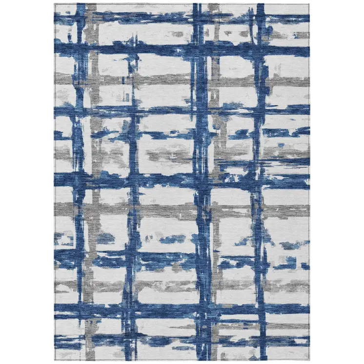 10' X 14' Navy Blue Gray And Silver Striped Washable Indoor Outdoor Area Rug