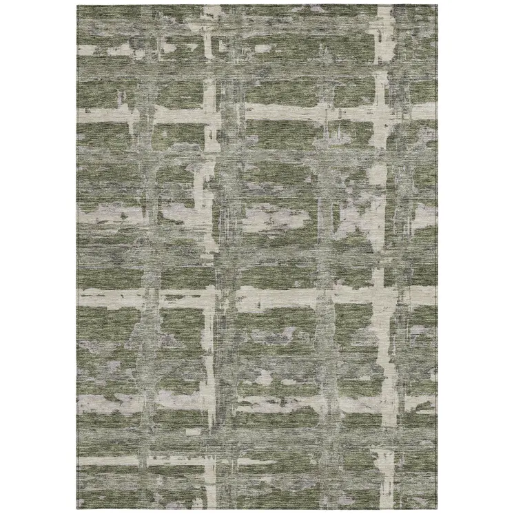 3' X 5' Olive Green Gray And Beige Striped Washable Indoor Outdoor Area Rug