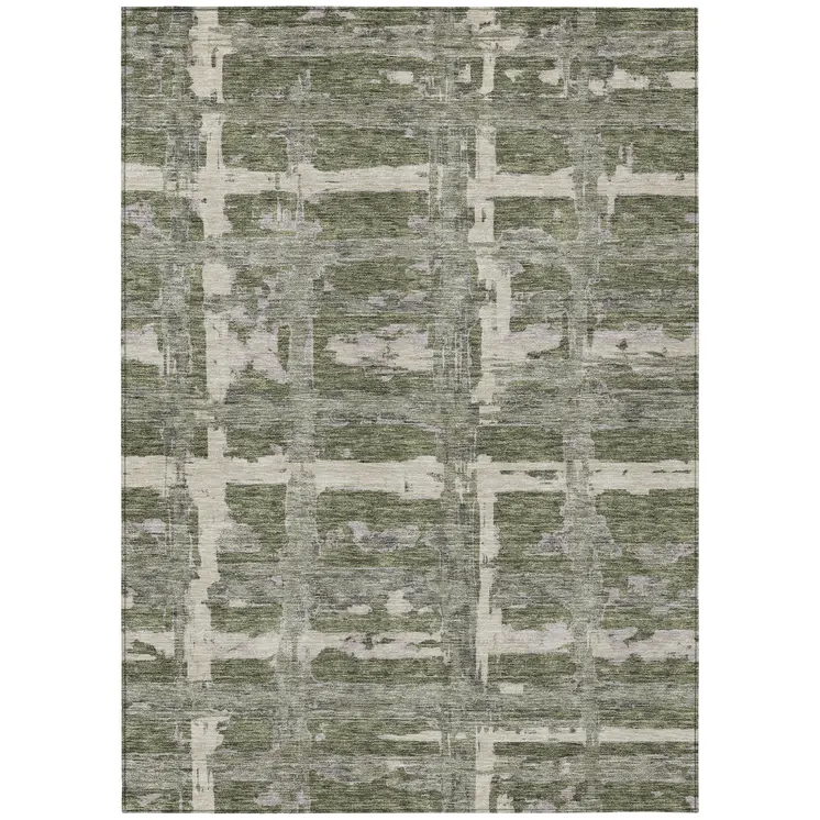 3' X 5' Olive Green Gray And Beige Striped Washable Indoor Outdoor Area Rug
