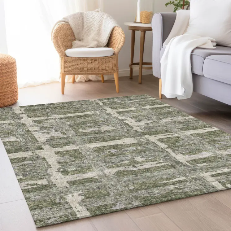 3' X 5' Olive Green Gray And Beige Striped Washable Indoor Outdoor Area Rug