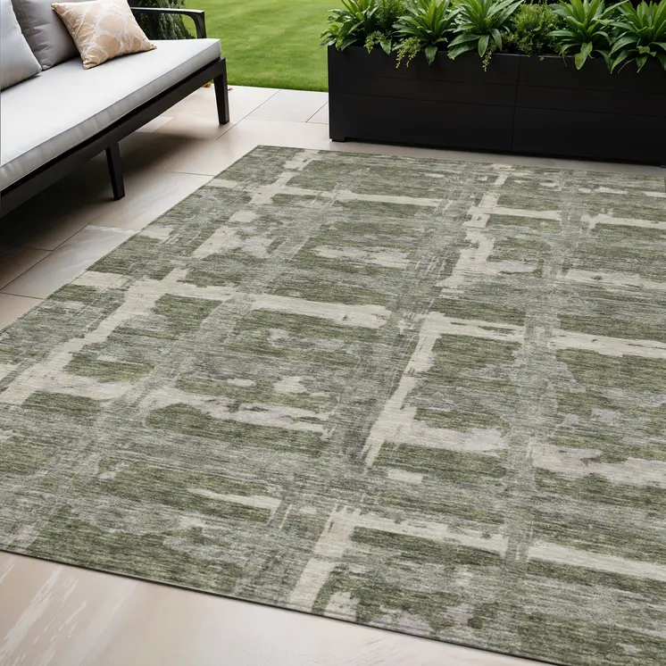 5' X 8' Olive Green Gray And Beige Striped Washable Indoor Outdoor Area Rug
