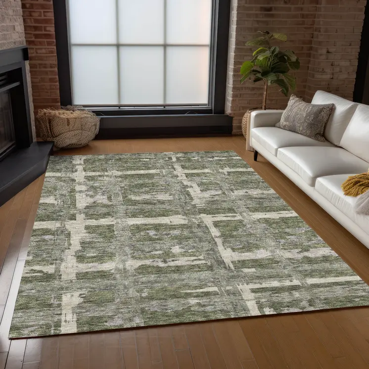 5' X 8' Olive Green Gray And Beige Striped Washable Indoor Outdoor Area Rug