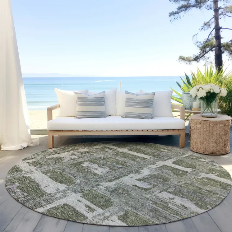 8' Olive Green Gray And Beige Round Striped Washable Indoor Outdoor Area Rug