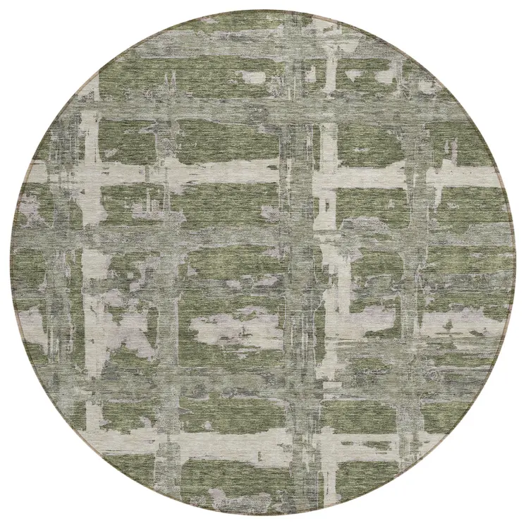 8' Olive Green Gray And Beige Round Striped Washable Indoor Outdoor Area Rug