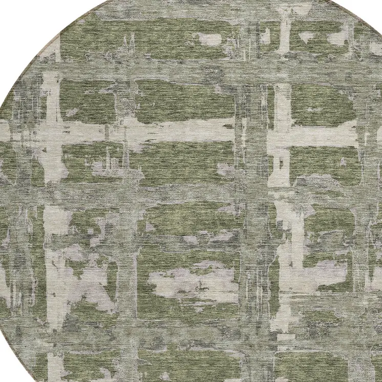 8' Olive Green Gray And Beige Round Striped Washable Indoor Outdoor Area Rug