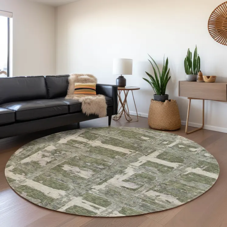 8' Olive Green Gray And Beige Round Striped Washable Indoor Outdoor Area Rug