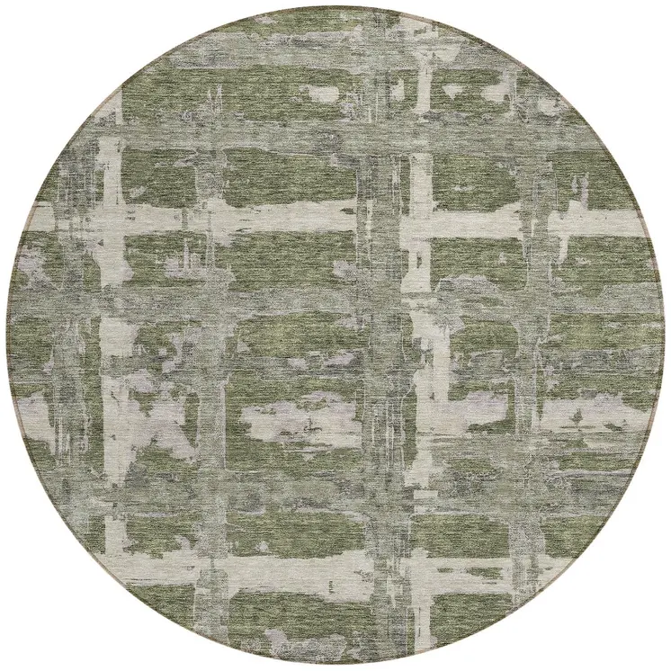 8' Olive Green Gray And Beige Round Striped Washable Indoor Outdoor Area Rug