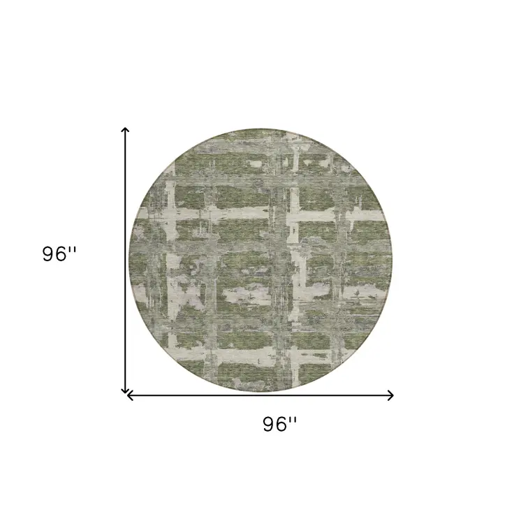 8' Olive Green Gray And Beige Round Striped Washable Indoor Outdoor Area Rug