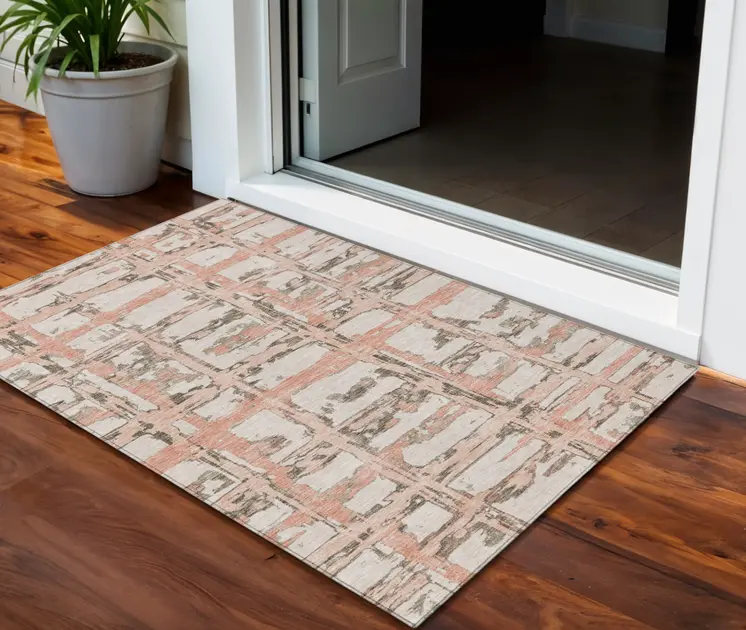 3' X 5' Pink Beige And Taupe Striped Washable Indoor Outdoor Area Rug