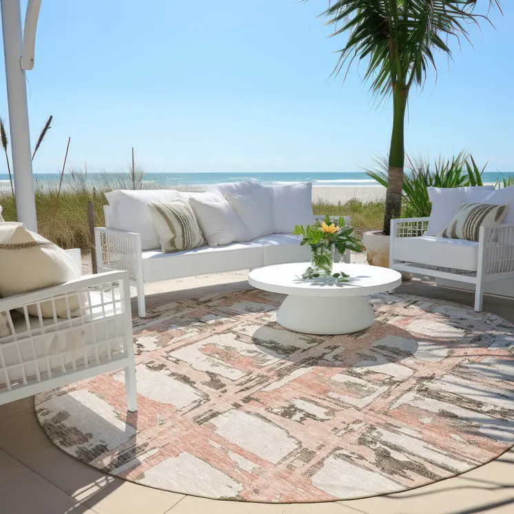 8' Pink Beige And Taupe Round Striped Washable Indoor Outdoor Area Rug