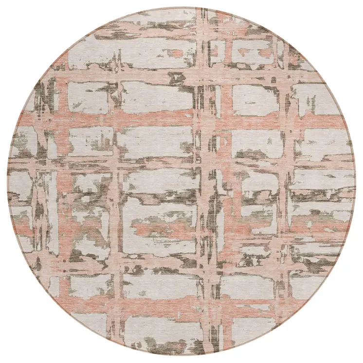8' Pink Beige And Taupe Round Striped Washable Indoor Outdoor Area Rug