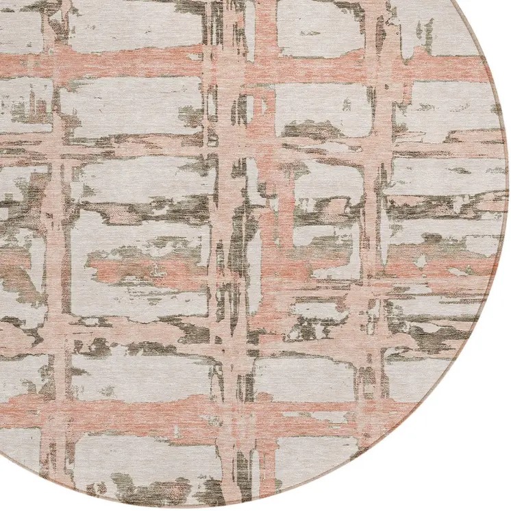 8' Pink Beige And Taupe Round Striped Washable Indoor Outdoor Area Rug