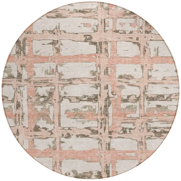 8' Pink Beige And Taupe Round Striped Washable Indoor Outdoor Area Rug