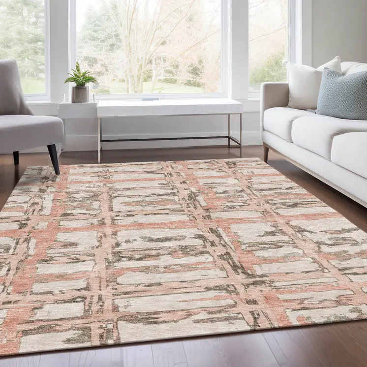 8' X 10' Pink Beige And Taupe Striped Washable Indoor Outdoor Area Rug