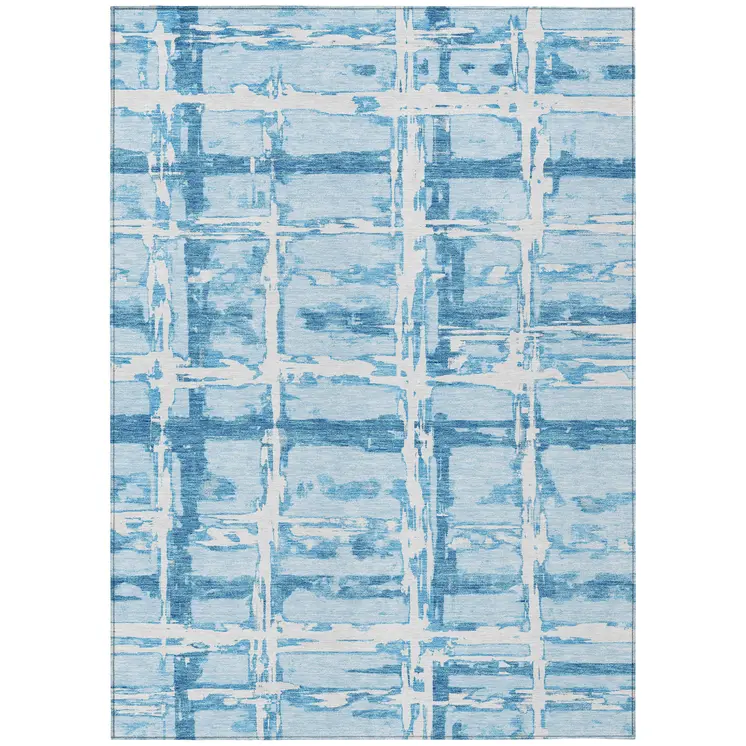 5' X 8' Sky Blue Denim Blue And Ivory Striped Washable Indoor Outdoor Area Rug