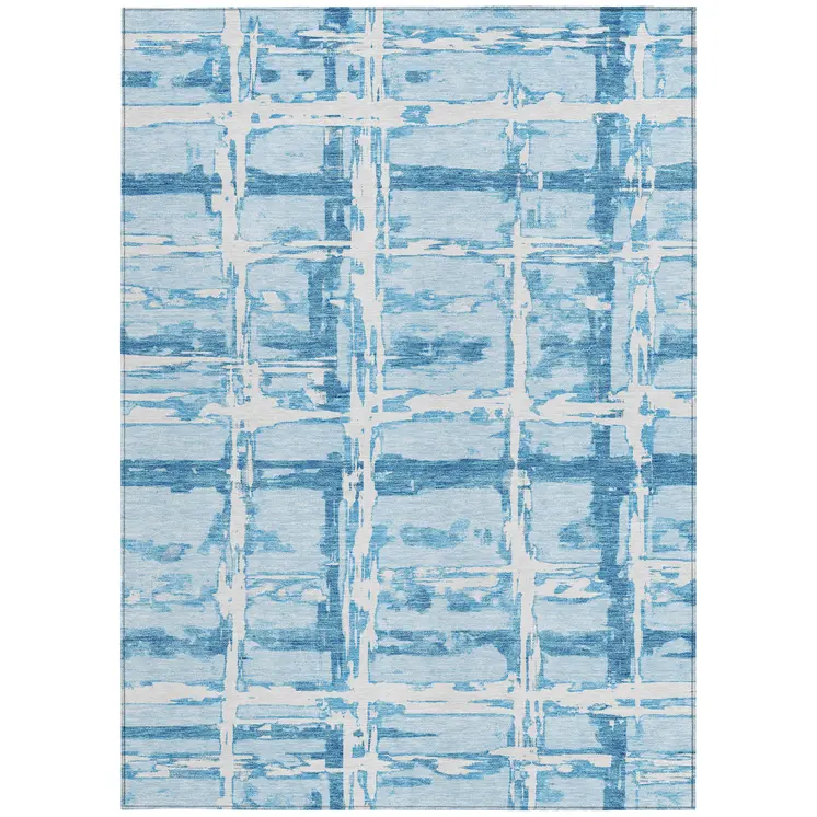 5' X 8' Sky Blue Denim Blue And Ivory Striped Washable Indoor Outdoor Area Rug